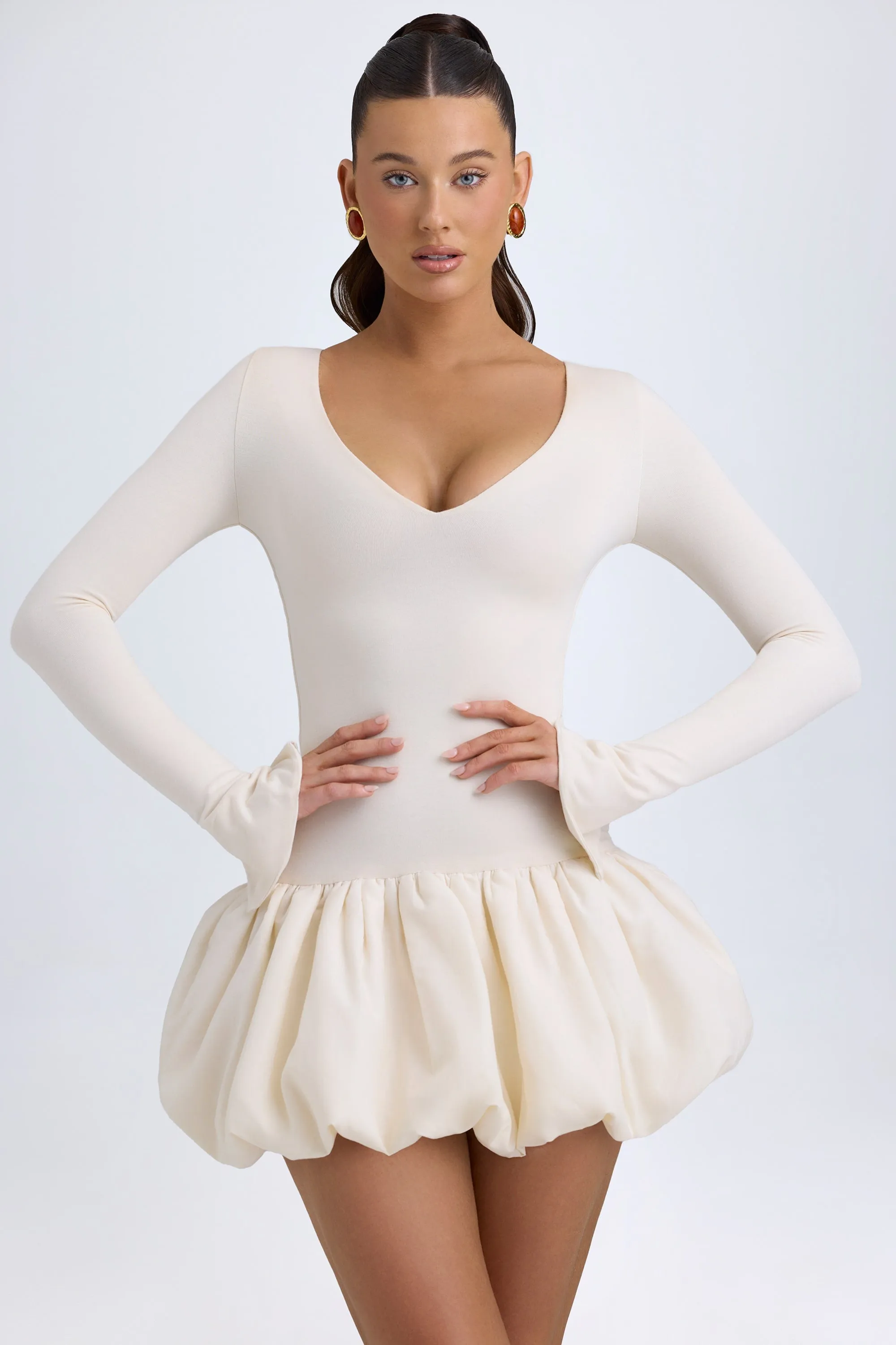 Flash Vibe No Ride Up Modal Drop-Waist Bubble Hem Mini Dress in Ivory