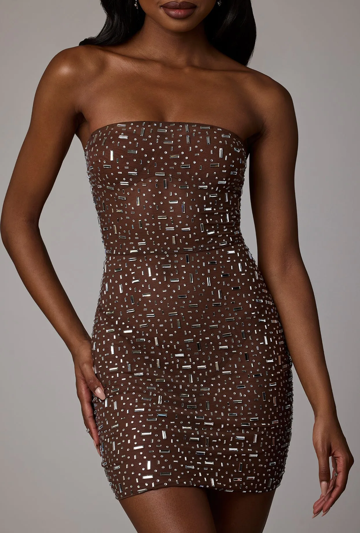 Sleek Silhouette Sheer Embellished Bodycon Mini Dress in Deep Cocoa