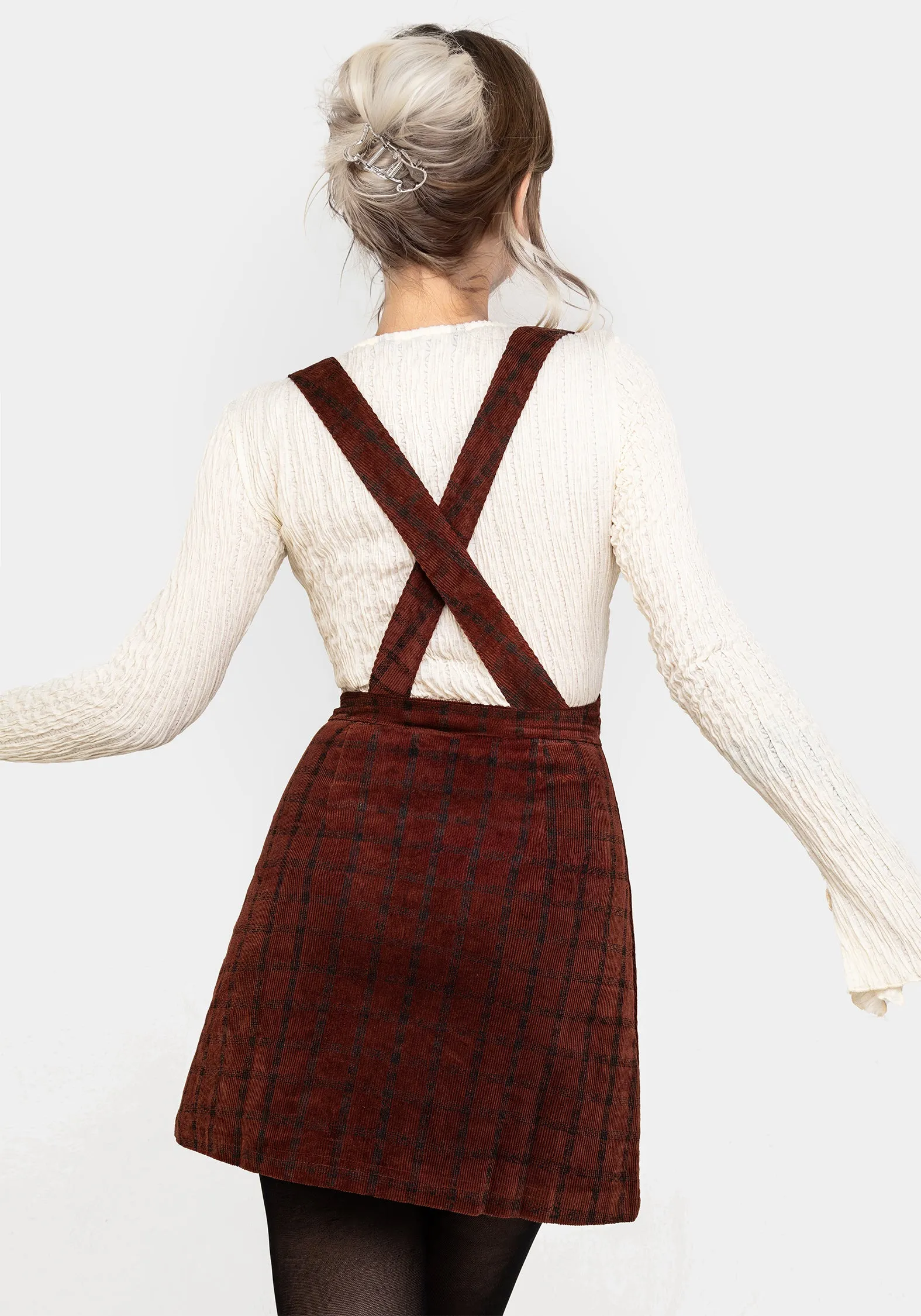 Statement Piece Terracotta Check Cord Mini Pinafore Skirt