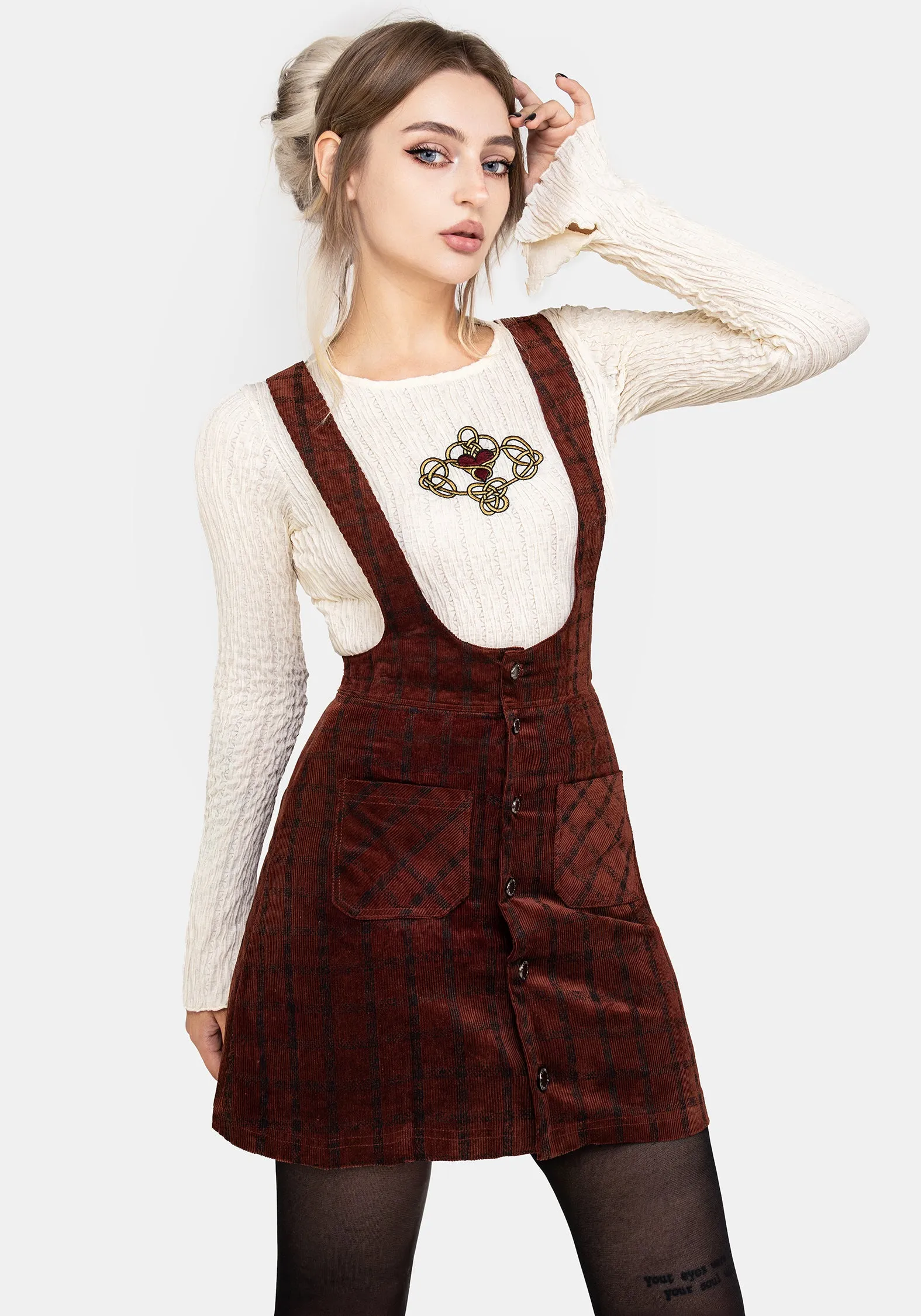 Contemporary Brand Sophisticated Mood Terracotta Check Cord Mini Pinafore Skirt