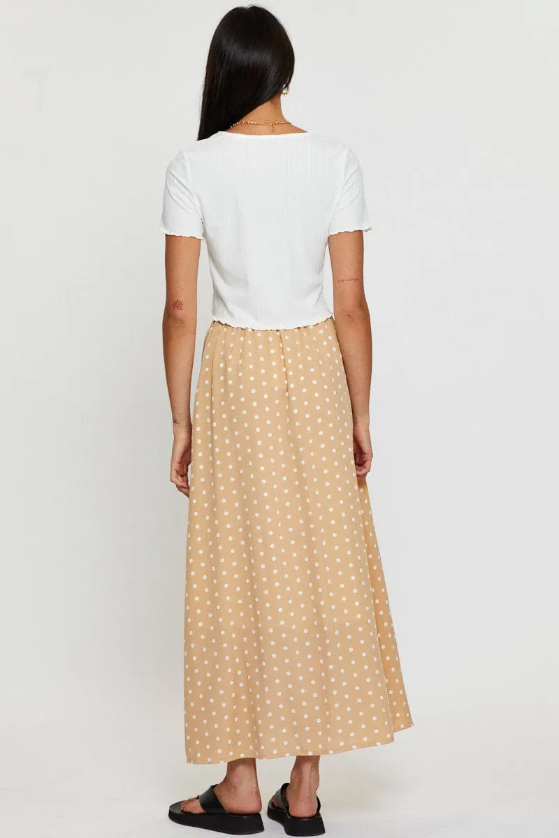 Back Slit Polka Dot High Waist Front Slit Maxi Skirt