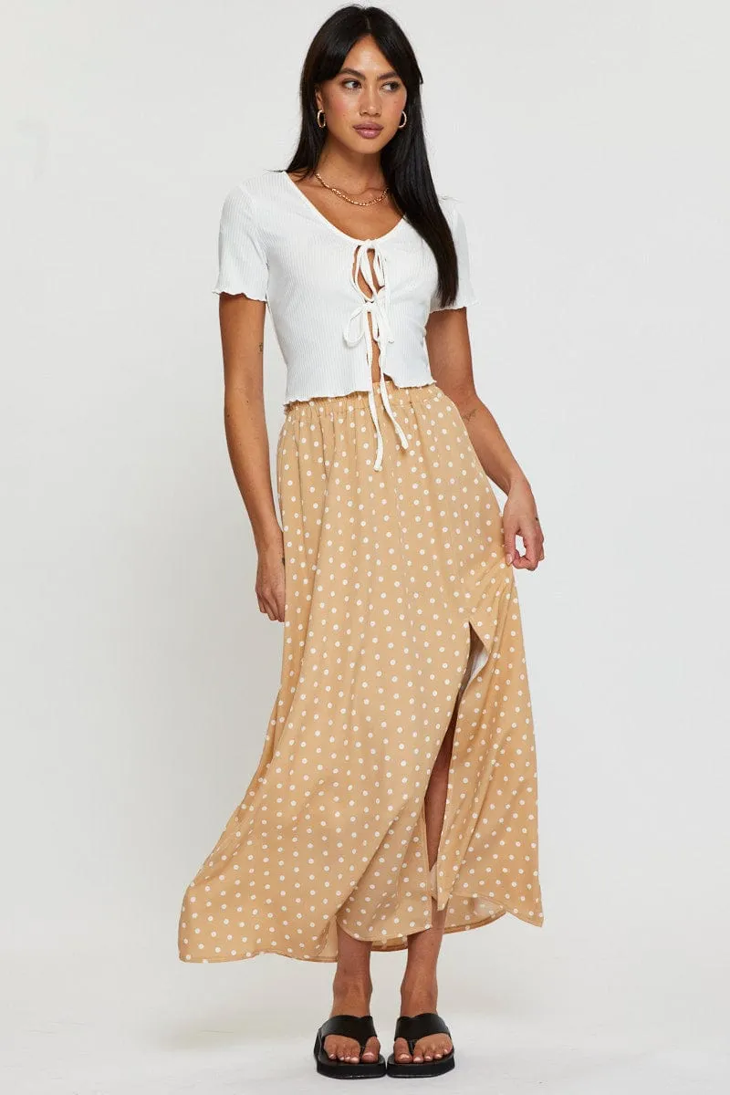 Polka Dot High Waist Front Slit Maxi Skirt Relax Outfit Statement Color