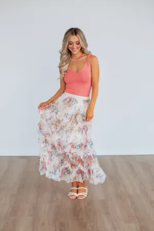 Breathable Material Simple Layers Shaya Floral Skirt - Ecru Mix