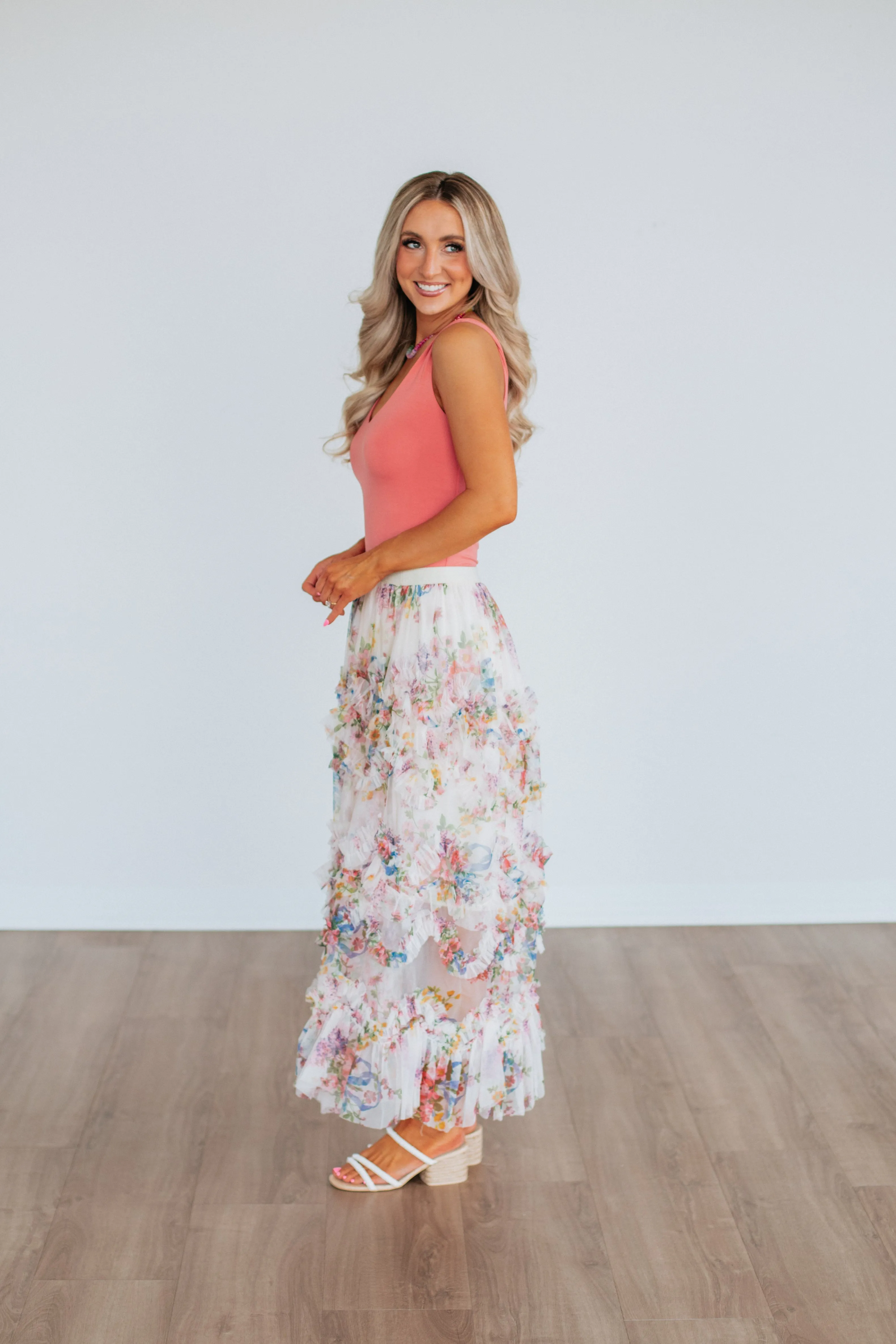 Shaya Floral Skirt - Ecru Mix elastic waistband