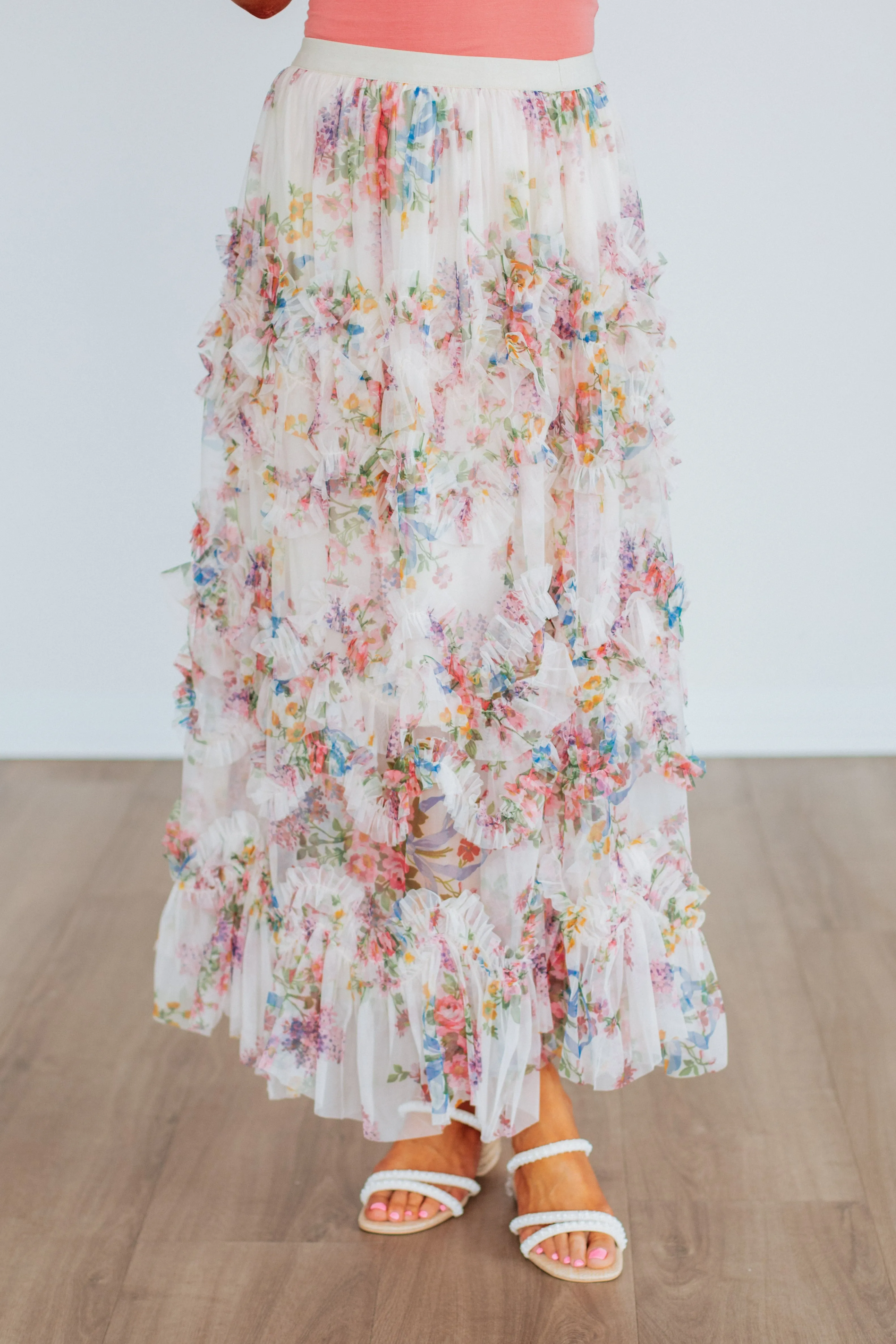 Draped Silhouette Sleek Comfort Shaya Floral Skirt - Ecru Mix