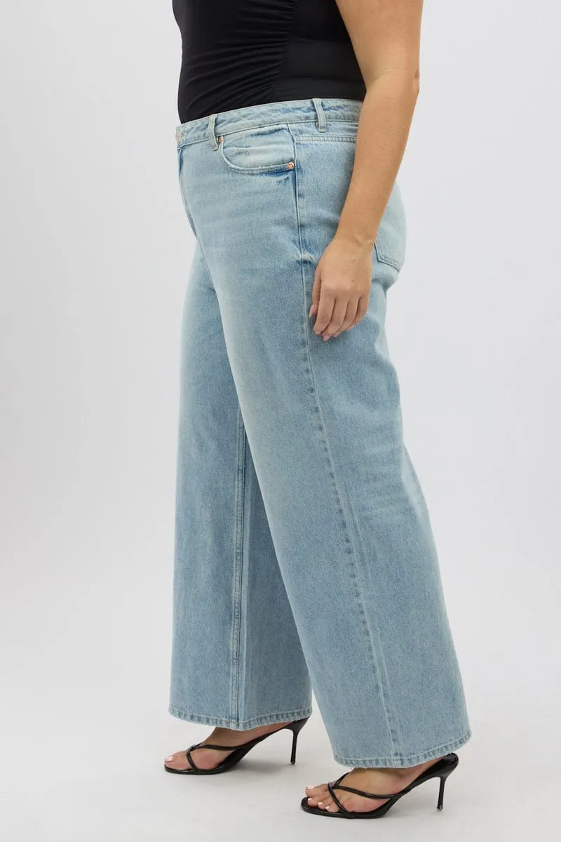 Denim Wide Leg Jeans Mid Rise Sandblasted Finish Year Rounder