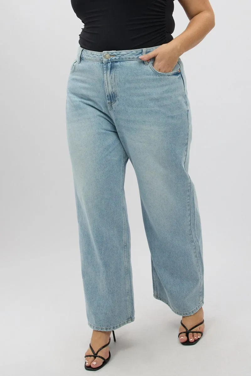 Denim Wide Leg Jeans Mid Rise Shrink Resistant Denim