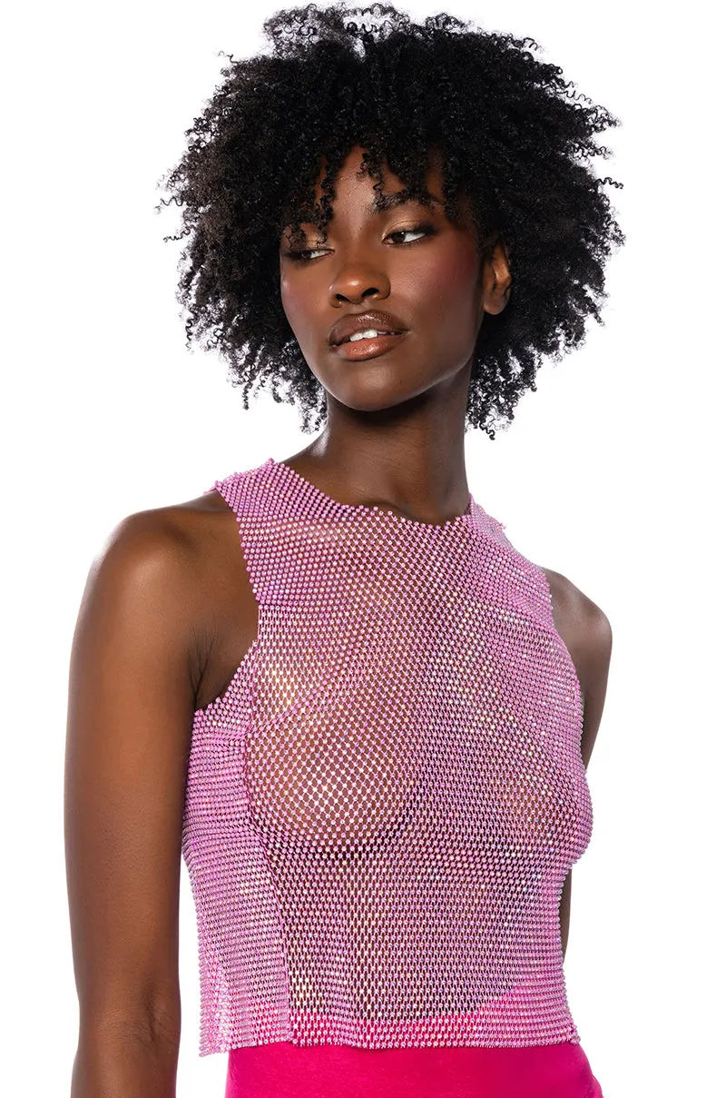 ZELDA RHINESTONE MESH SLEEVELESS TOP IN PINK Athletic Performance Blend