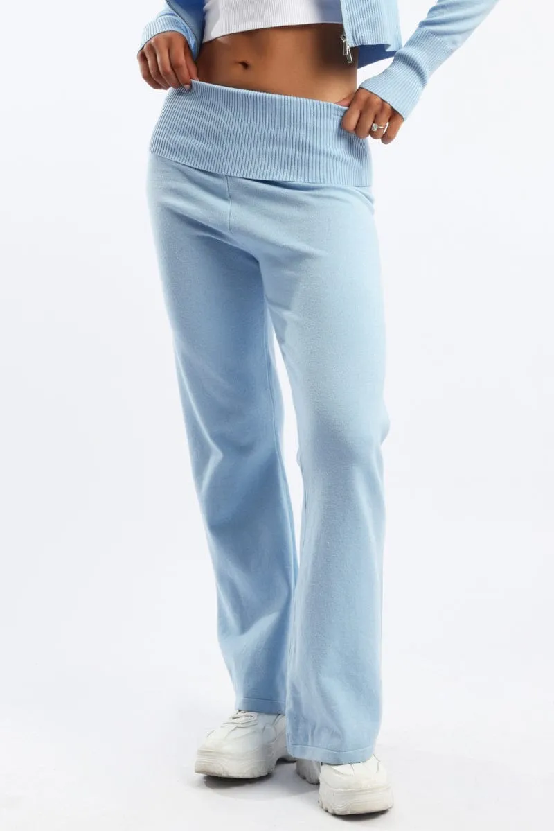 smooth zipper StretchFabric Blue Wide Leg Pants Knit