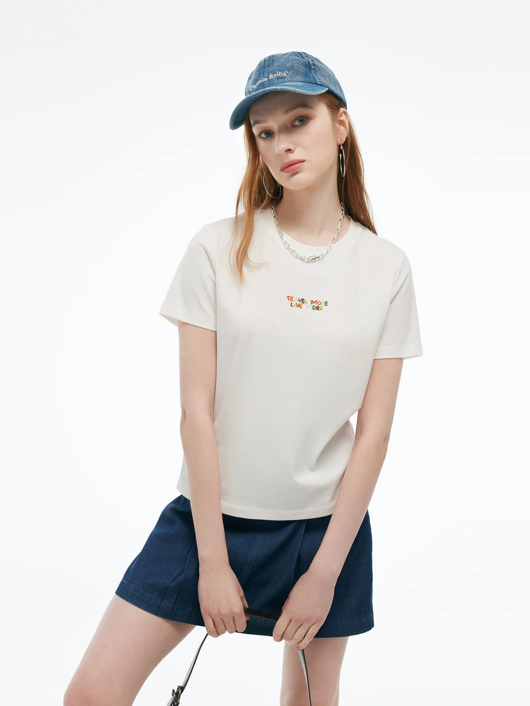 Seasonal Comfort Colorful Bead Letter Women Round Neck Knit T-Shirt