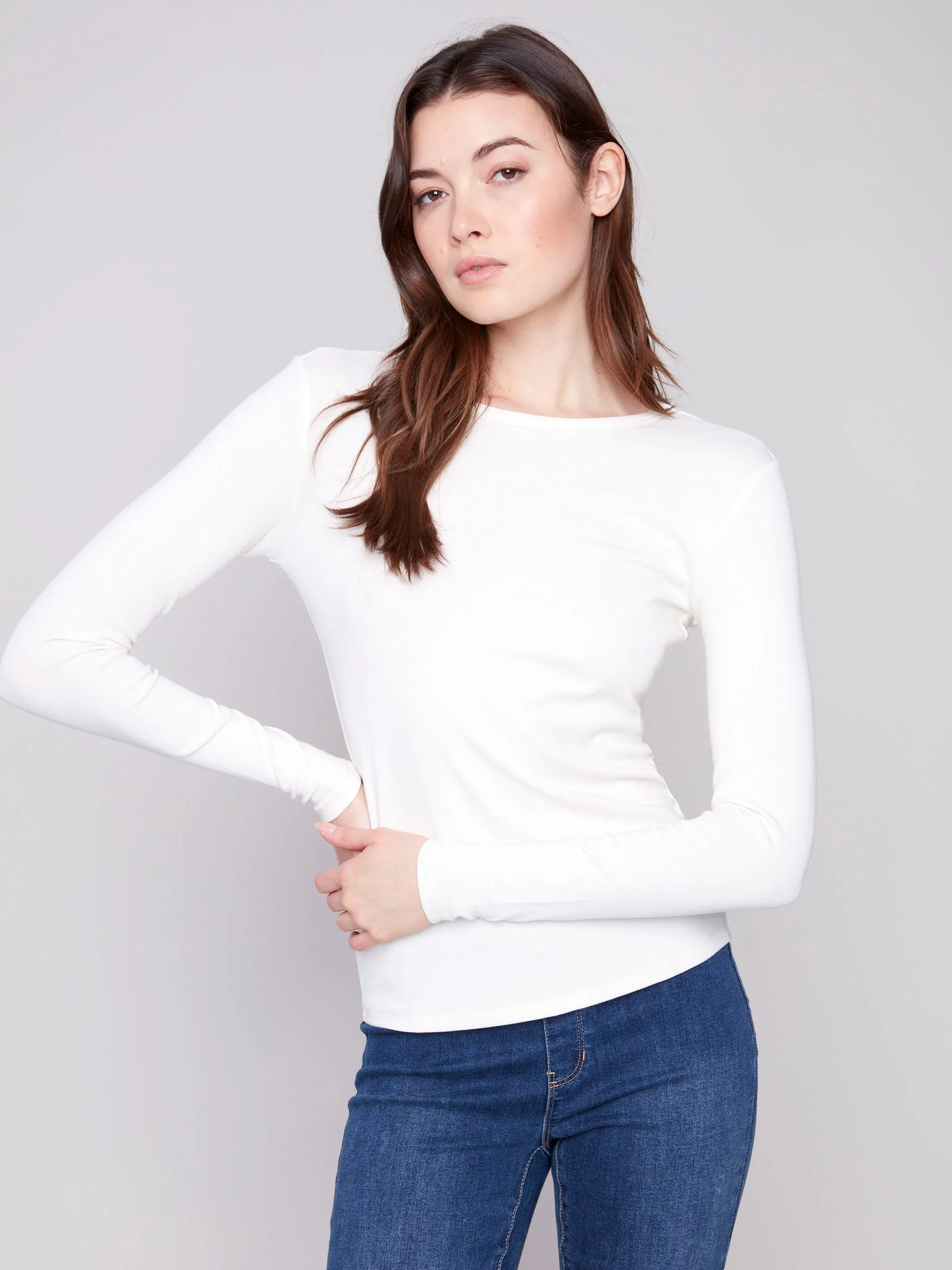 Cotton Blend Long Sleeve Crew Neck Top - Ecru Breathable and Comfortable Textured Surface