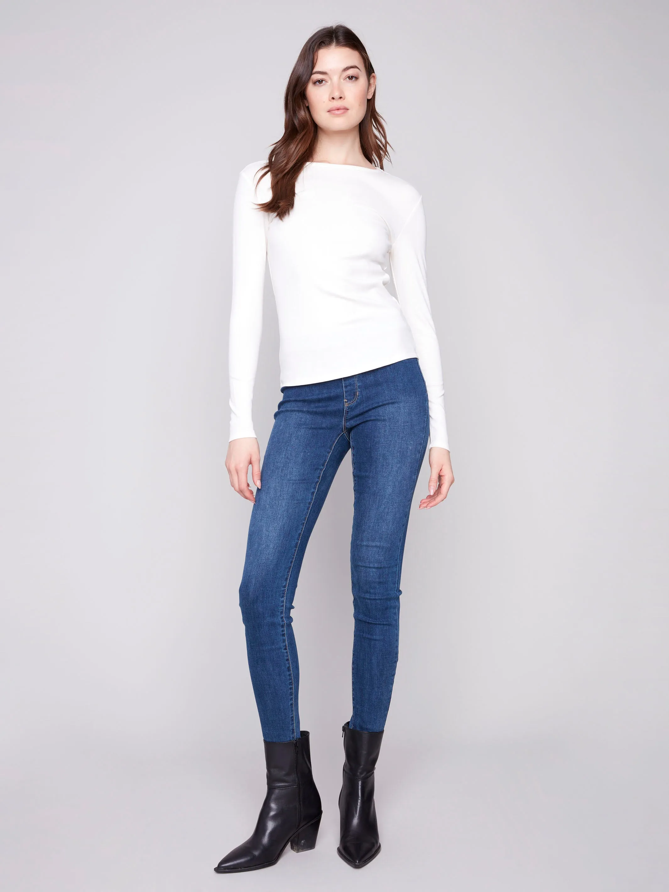 Timeless Design Fashion Essential Cotton Blend Long Sleeve Crew Neck Top - Ecru