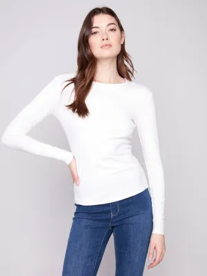 Cotton Blend Long Sleeve Crew Neck Top - Ecru fade resistant color Relax Trend