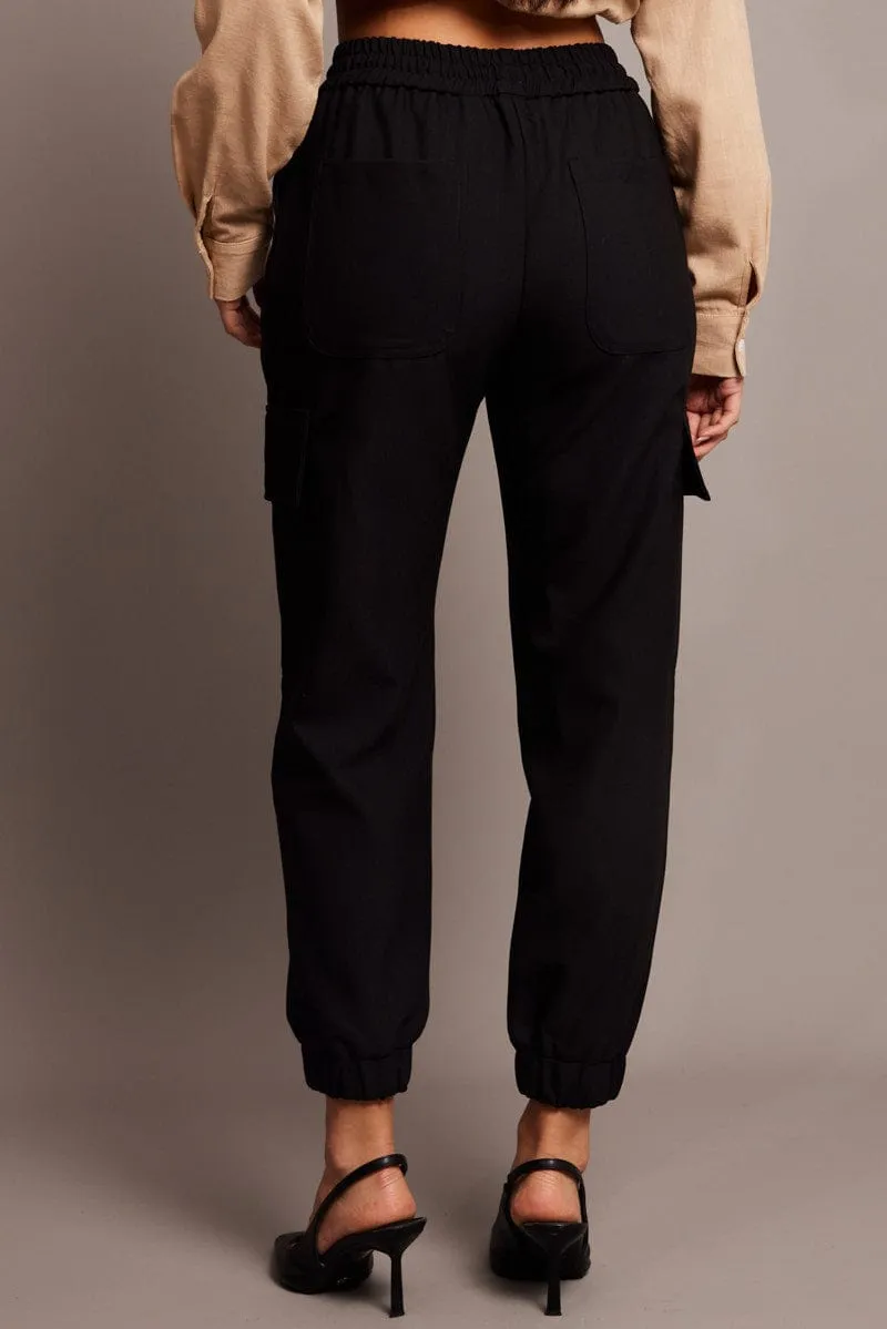 Black Slim Pants Elasticated Hem Tapered Look Flared bottom