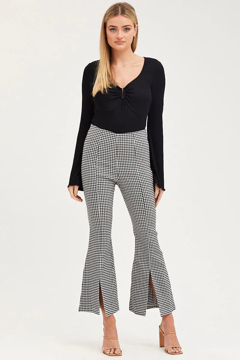 Comfort Fit Check Flare Pants High Rise Front Split