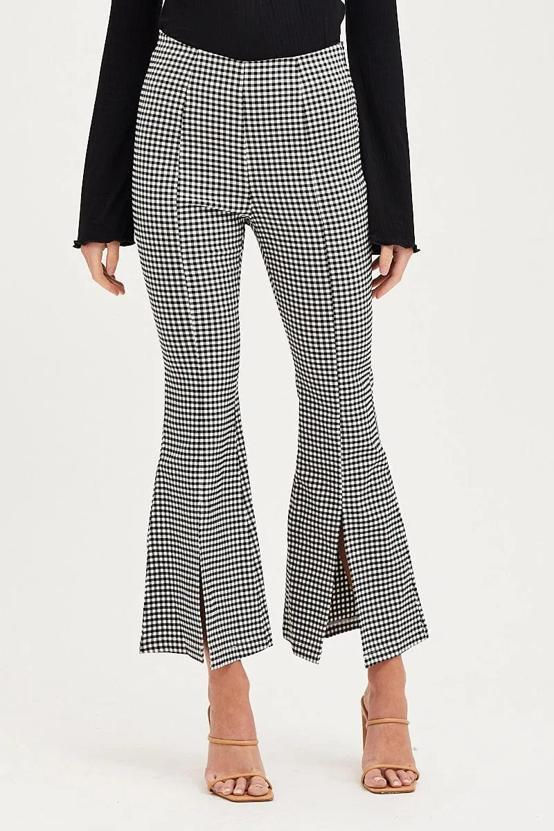Multipurpose Design Flattering Shape Check Flare Pants High Rise Front Split
