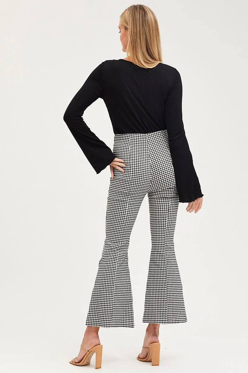 Functional Style Breathable Stretch Check Flare Pants High Rise Front Split