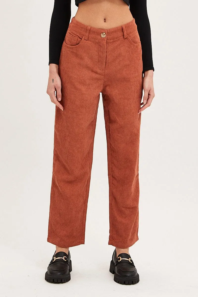 Brown Wide Leg Pants Mid Rise Corduroy StainResistantFinish