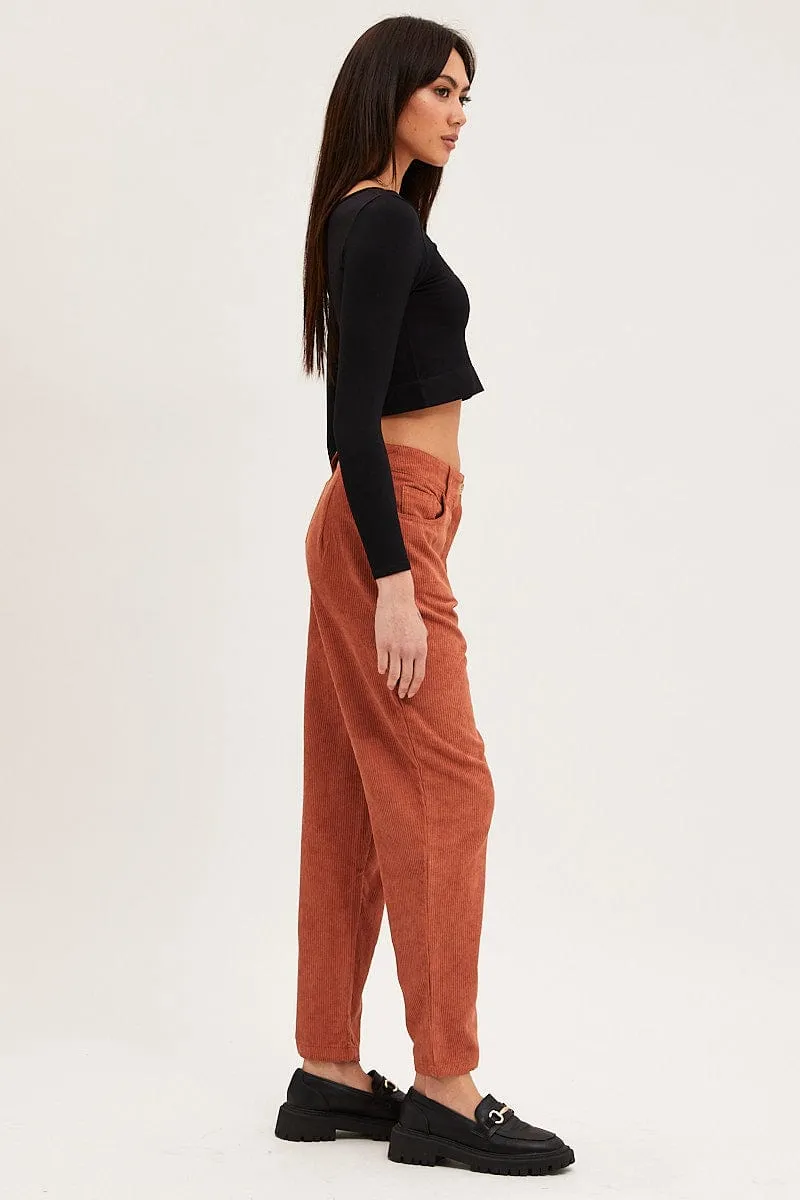 All Day Use Recyclable Fabric Blend Brown Wide Leg Pants Mid Rise Corduroy