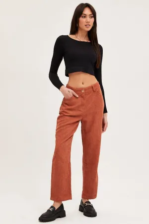 Elastic Cuff Timeless Design Brown Wide Leg Pants Mid Rise Corduroy
