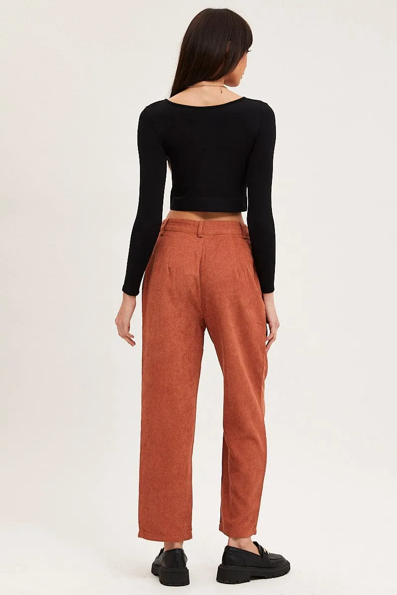 Sleek and Soft Stretch Motion Brown Wide Leg Pants Mid Rise Corduroy