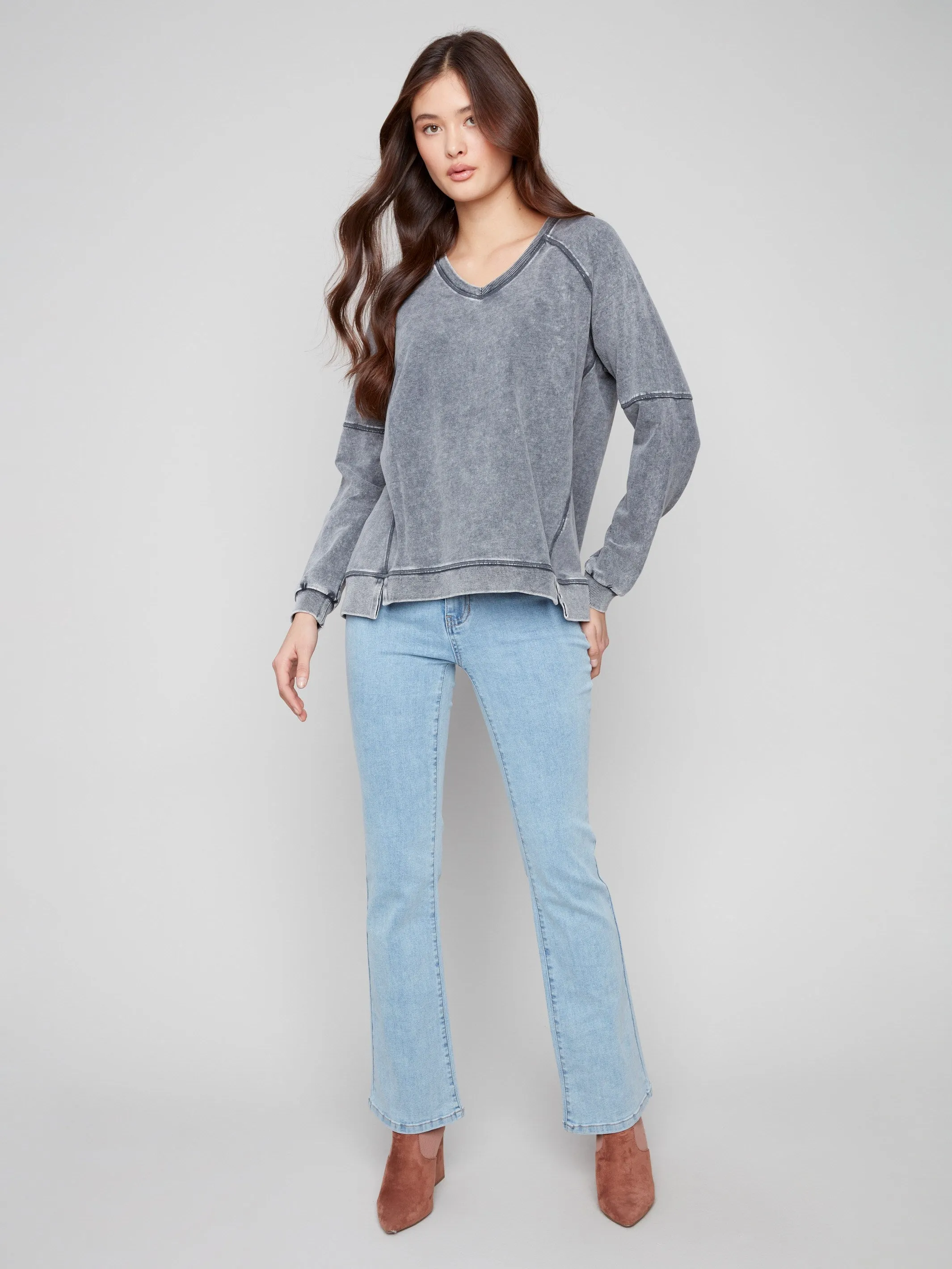 Cold Dye French Terry V-Neck Top - Charcoal UV Protection Fabric
