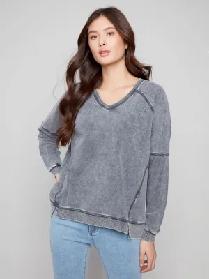 Cold Dye French Terry V-Neck Top - Charcoal Street Fashion