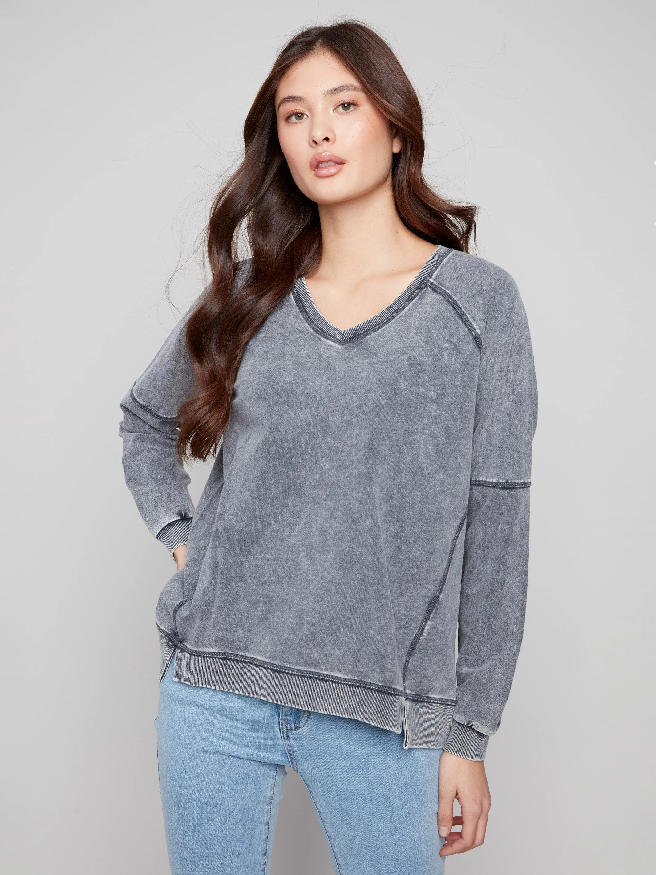 Cold Dye French Terry V-Neck Top - Charcoal Street Fashion