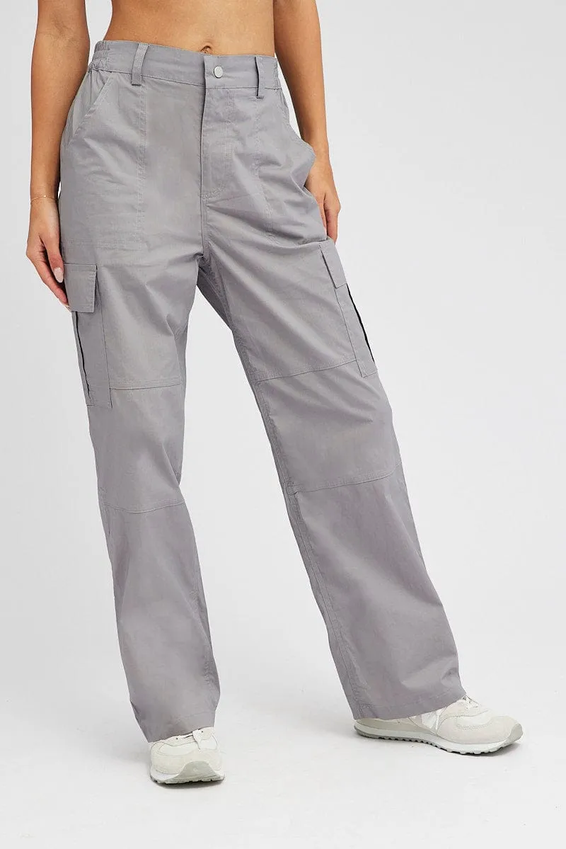 Grey Cargo Pants Mid Rise Neutral Look Abrasion Resistant Fabric