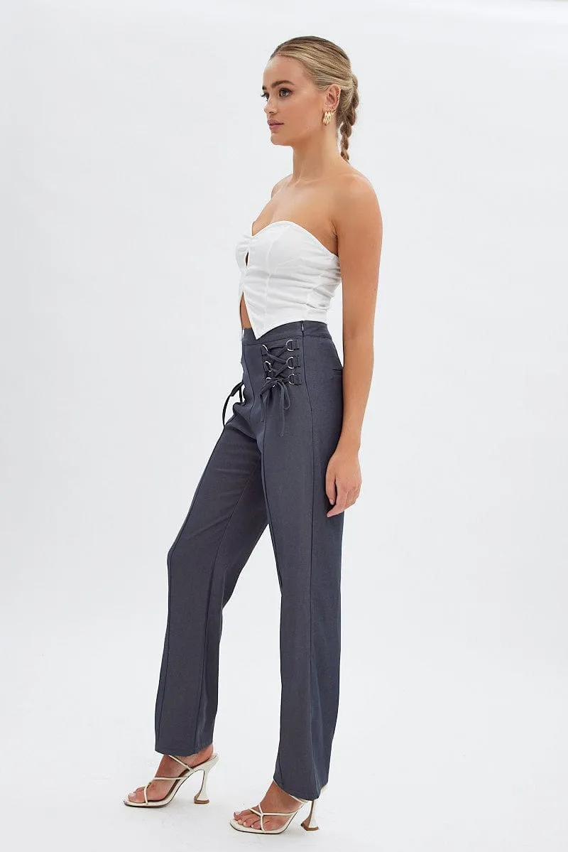 Grey Straight Leg Pants High Rise Tailored Lace Up Bootcut shape