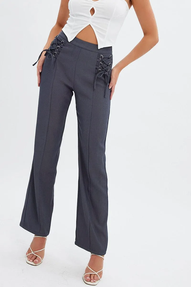 Grey Straight Leg Pants High Rise Tailored Lace Up DurableBartack NoiseReducingFabric