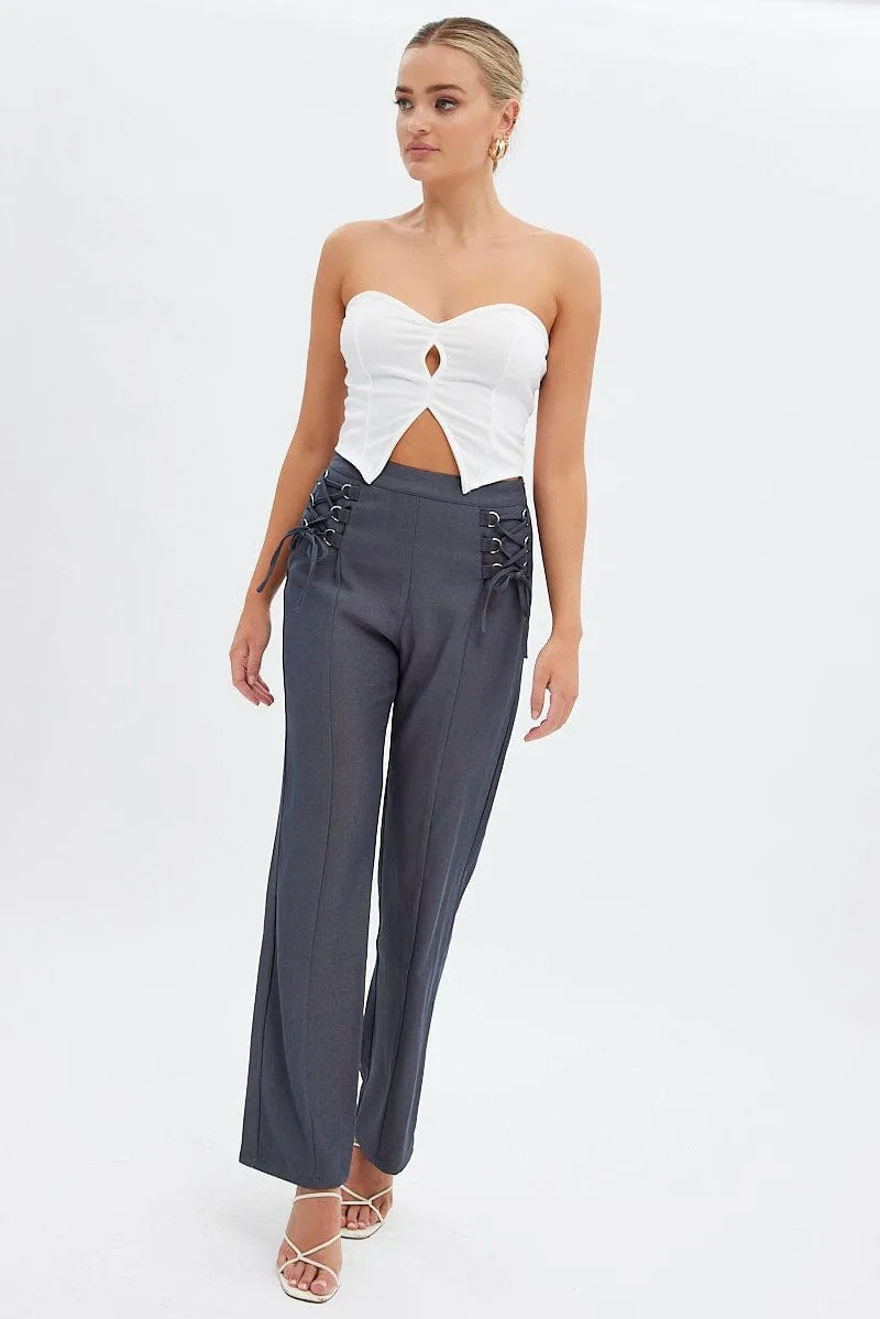 Grey Straight Leg Pants High Rise Tailored Lace Up Sporty Cut Elastic Free Cuffs