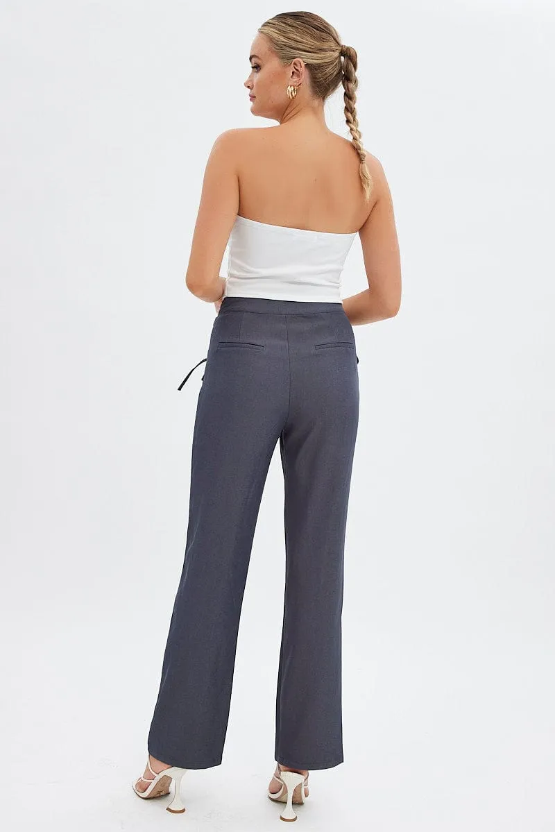 snag resistant Grey Straight Leg Pants High Rise Tailored Lace Up