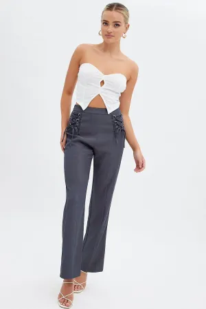 Fashion Forward Flexible Design Grey Straight Leg Pants High Rise Tailored Lace Up