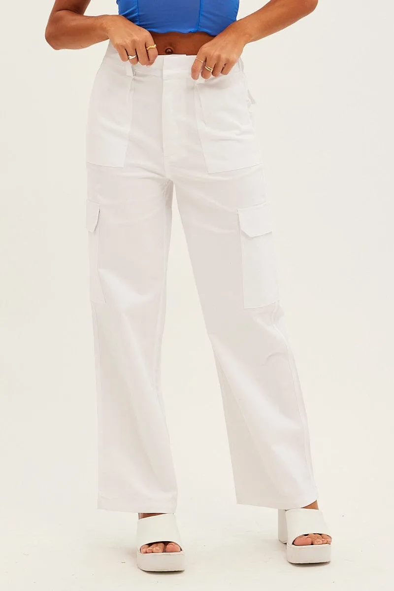 White Cargo Pants Mid Rise Carpenter Flexible Knee Panels Wool blend