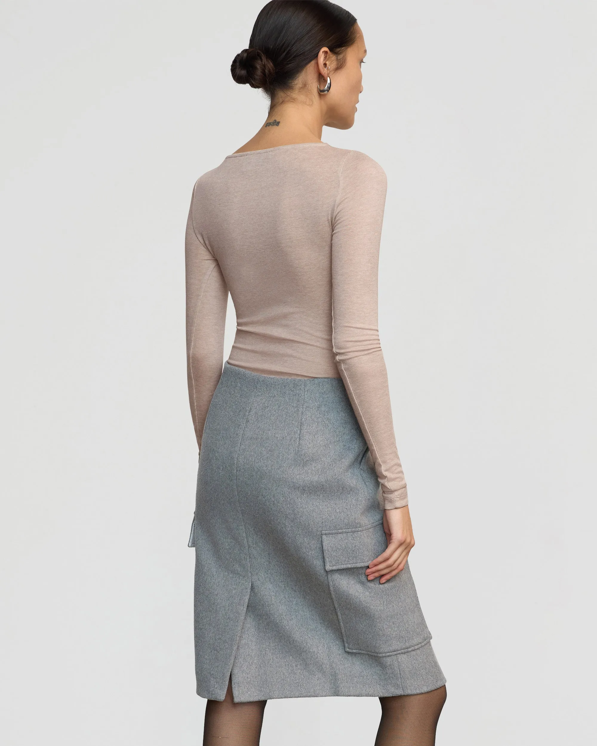 Felicia Wool Utility Midi Skirt Refined Edge beaded embellishment
