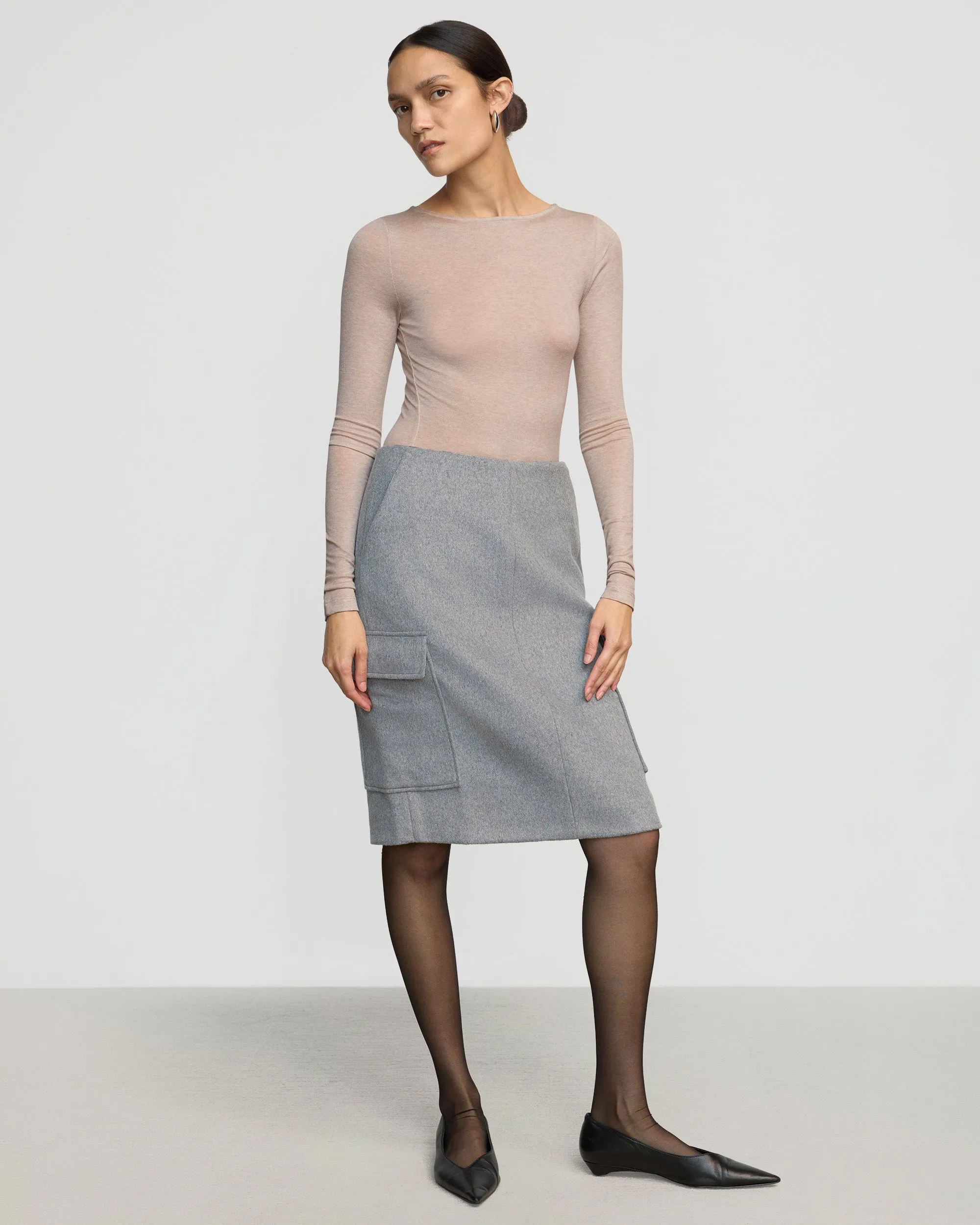 Flowy Drape Felicia Wool Utility Midi Skirt