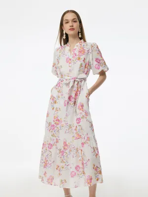 Tight Core 100% Linen Rose Print Women Maxi Dress With Belt