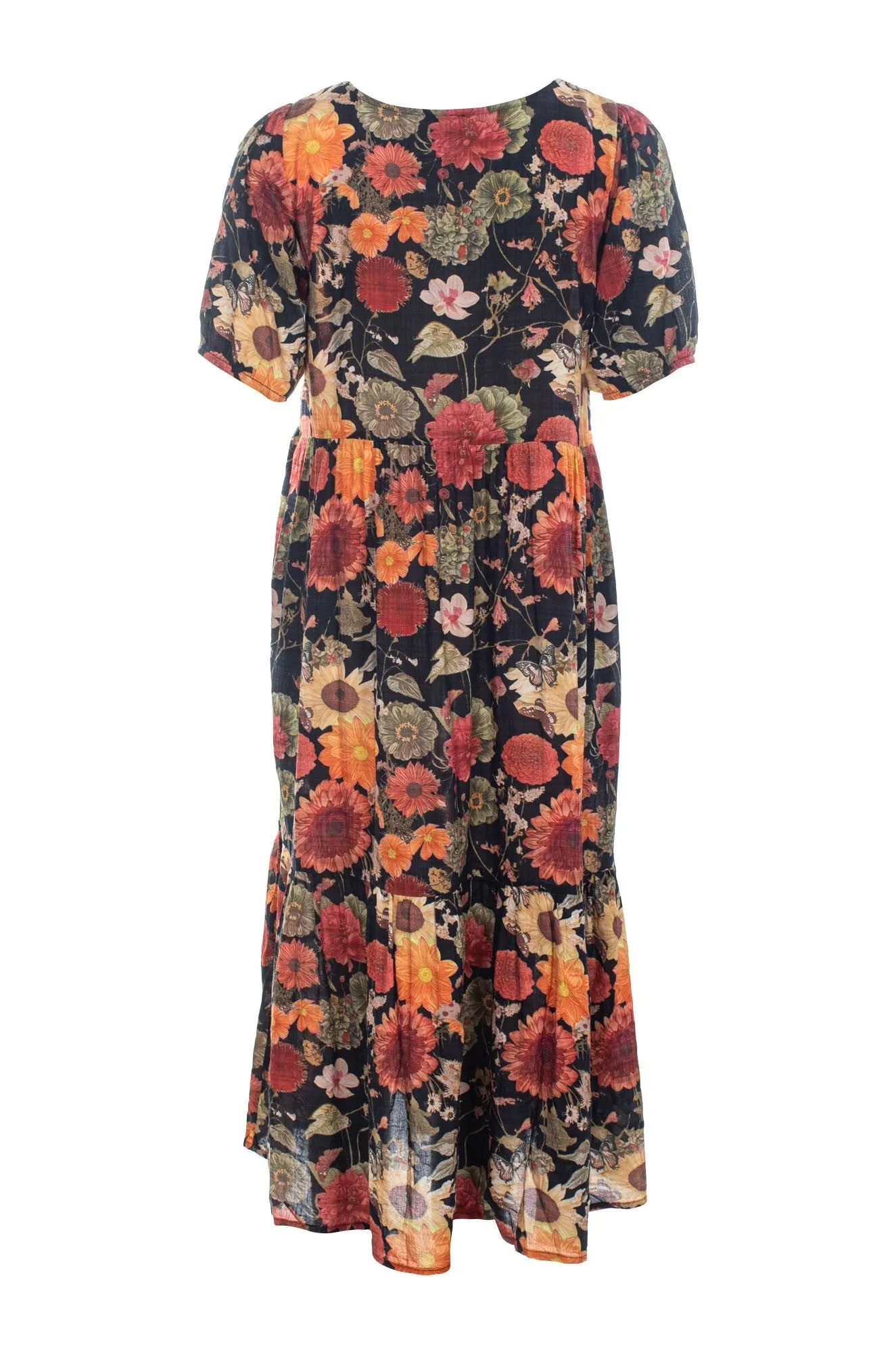 Travel Proof Midi Summer Dress | Sunset Black Garden | 6537C1