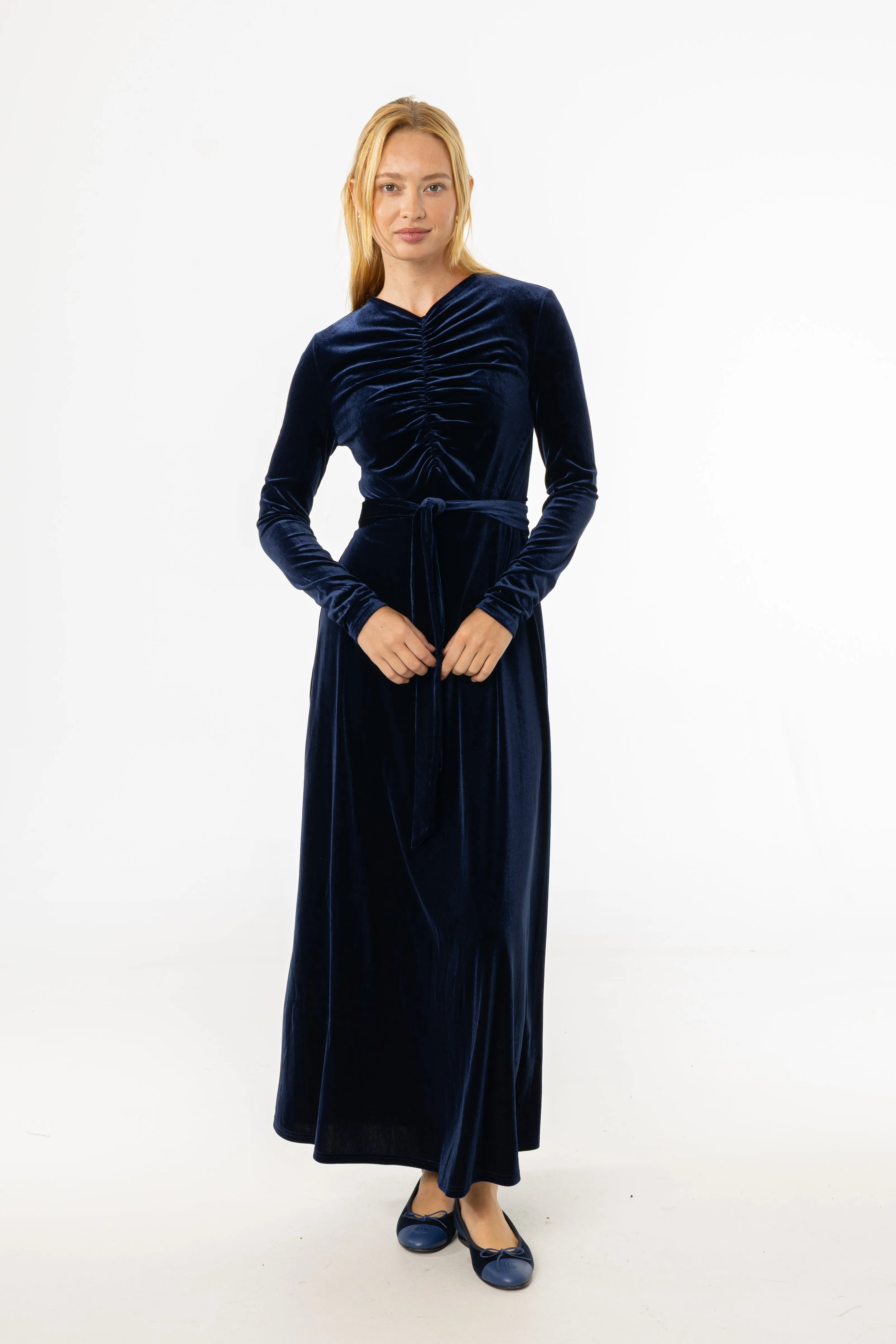 Collapsible Hood Navy Ruched Velour Maxi Dress
