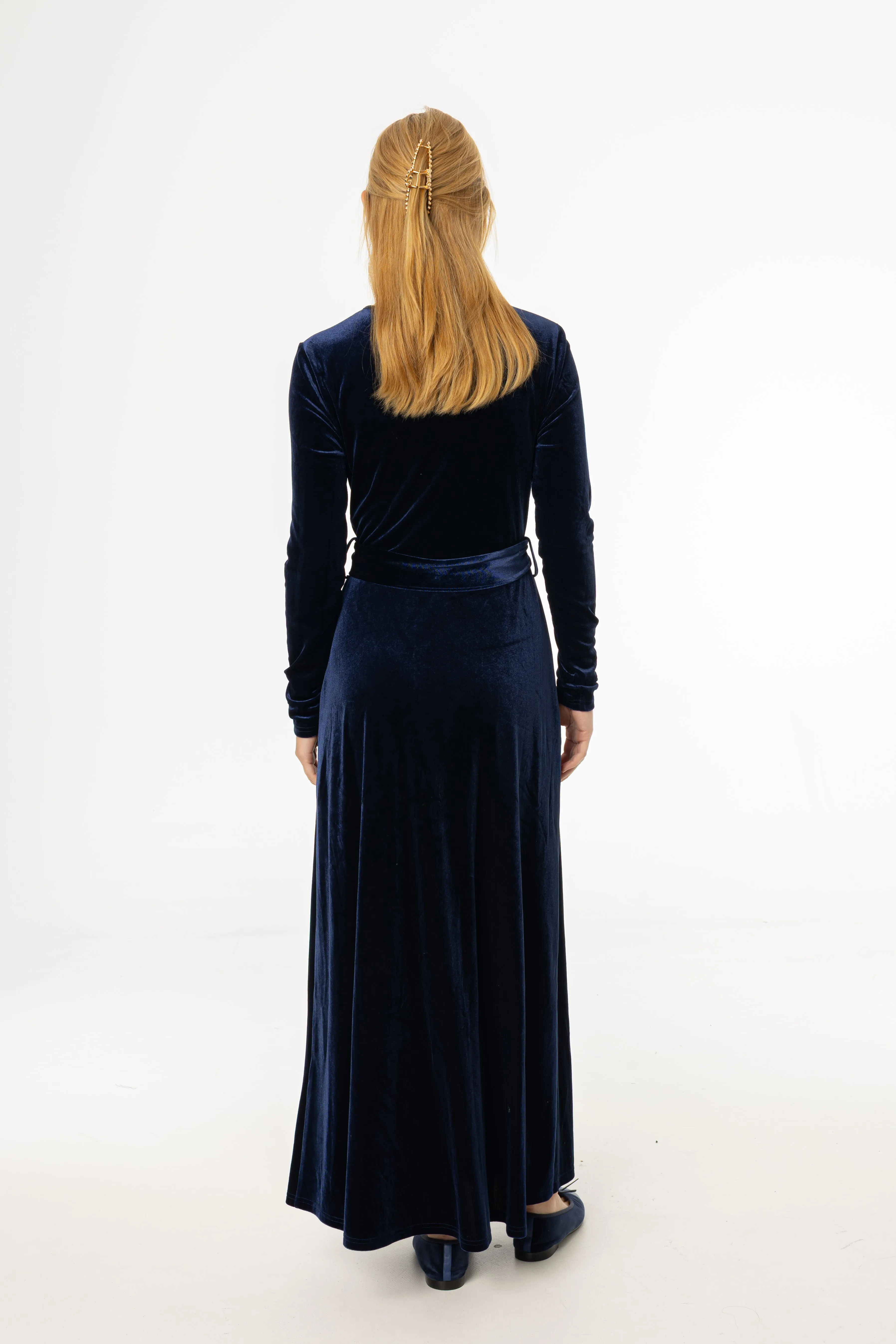 Navy Ruched Velour Maxi Dress Comfortable Shoes Relaxed Blouse