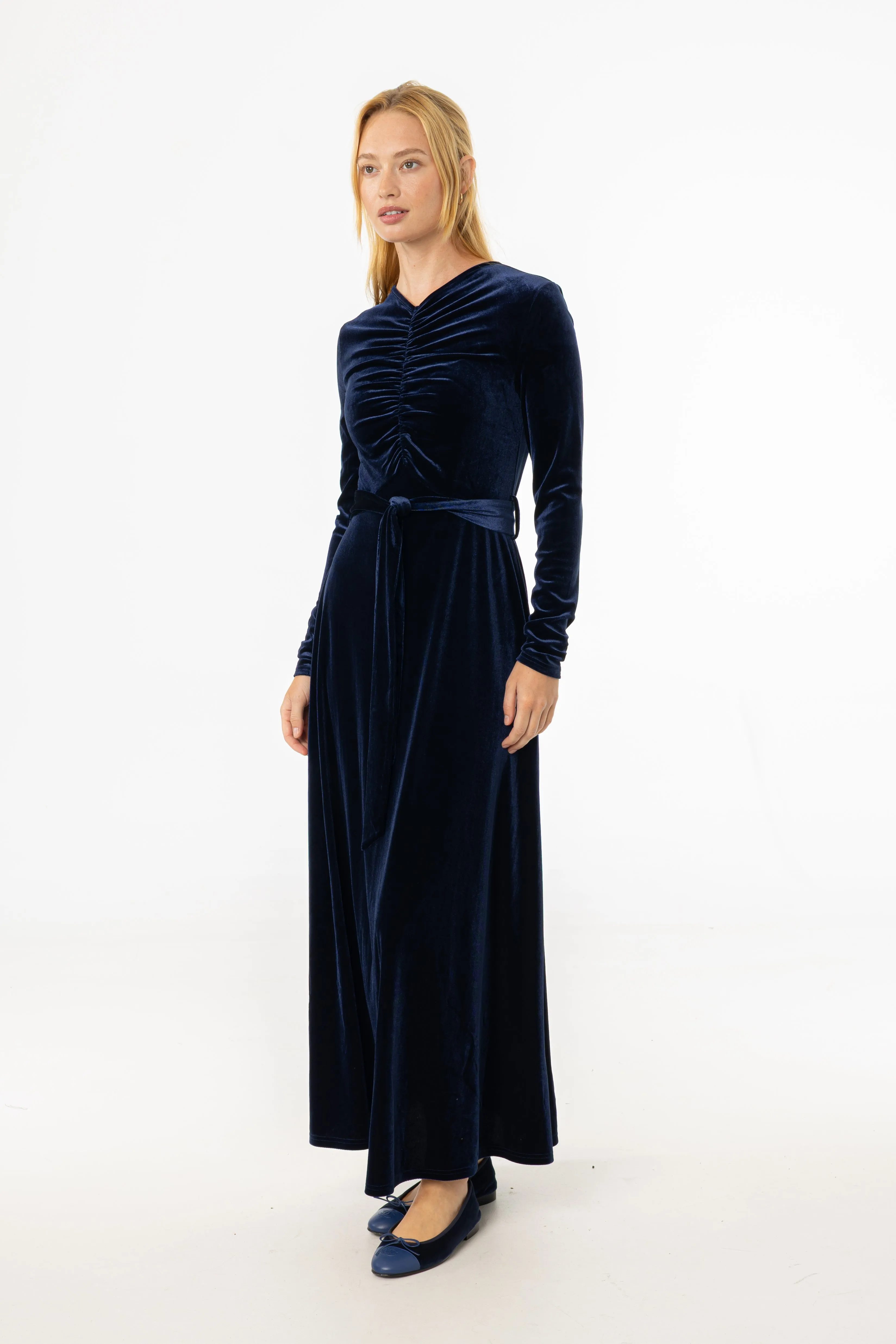 Navy Ruched Velour Maxi Dress Commute Ease