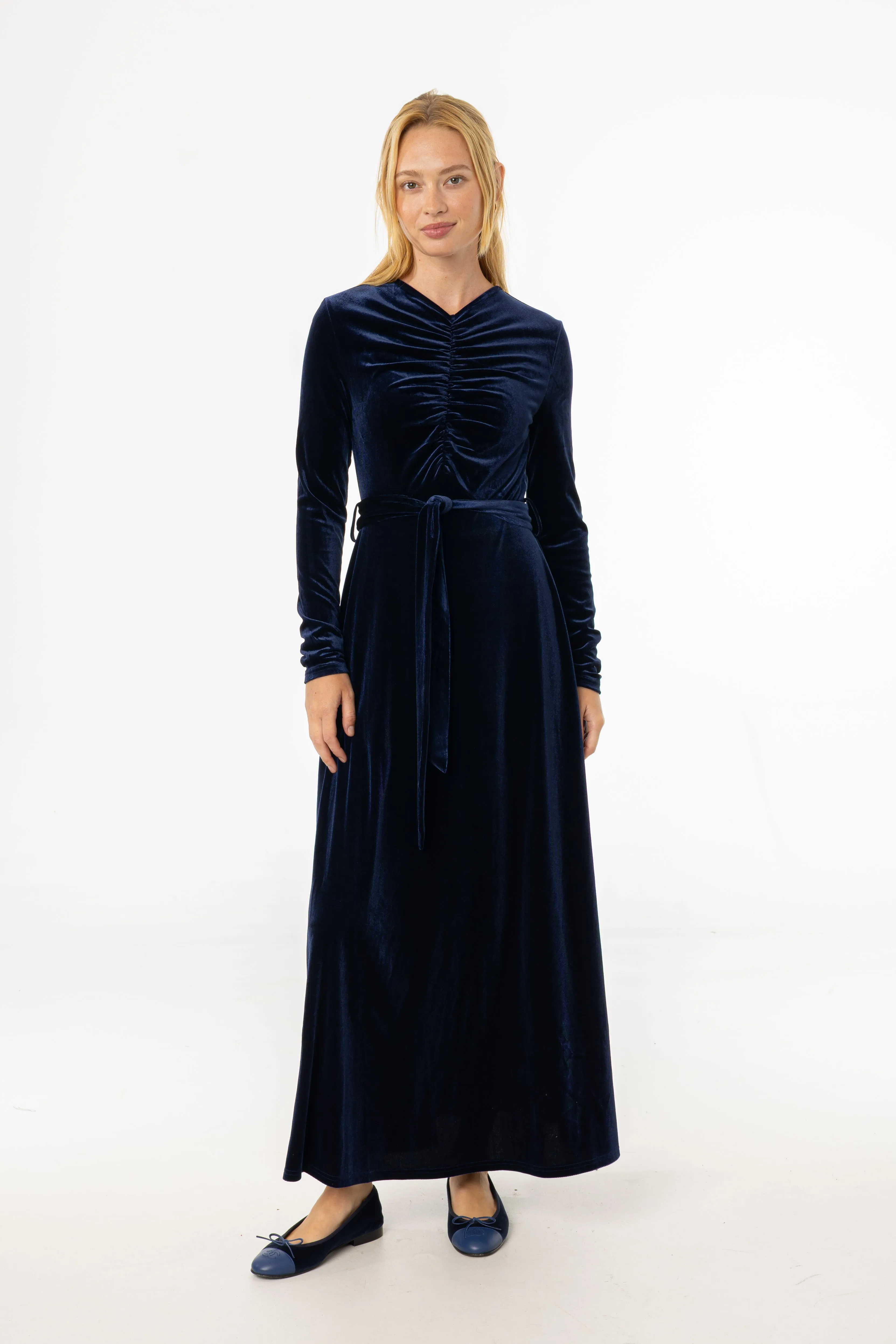 Navy Ruched Velour Maxi Dress Rain Fit