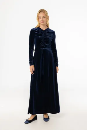 Navy Ruched Velour Maxi Dress Rain Fit