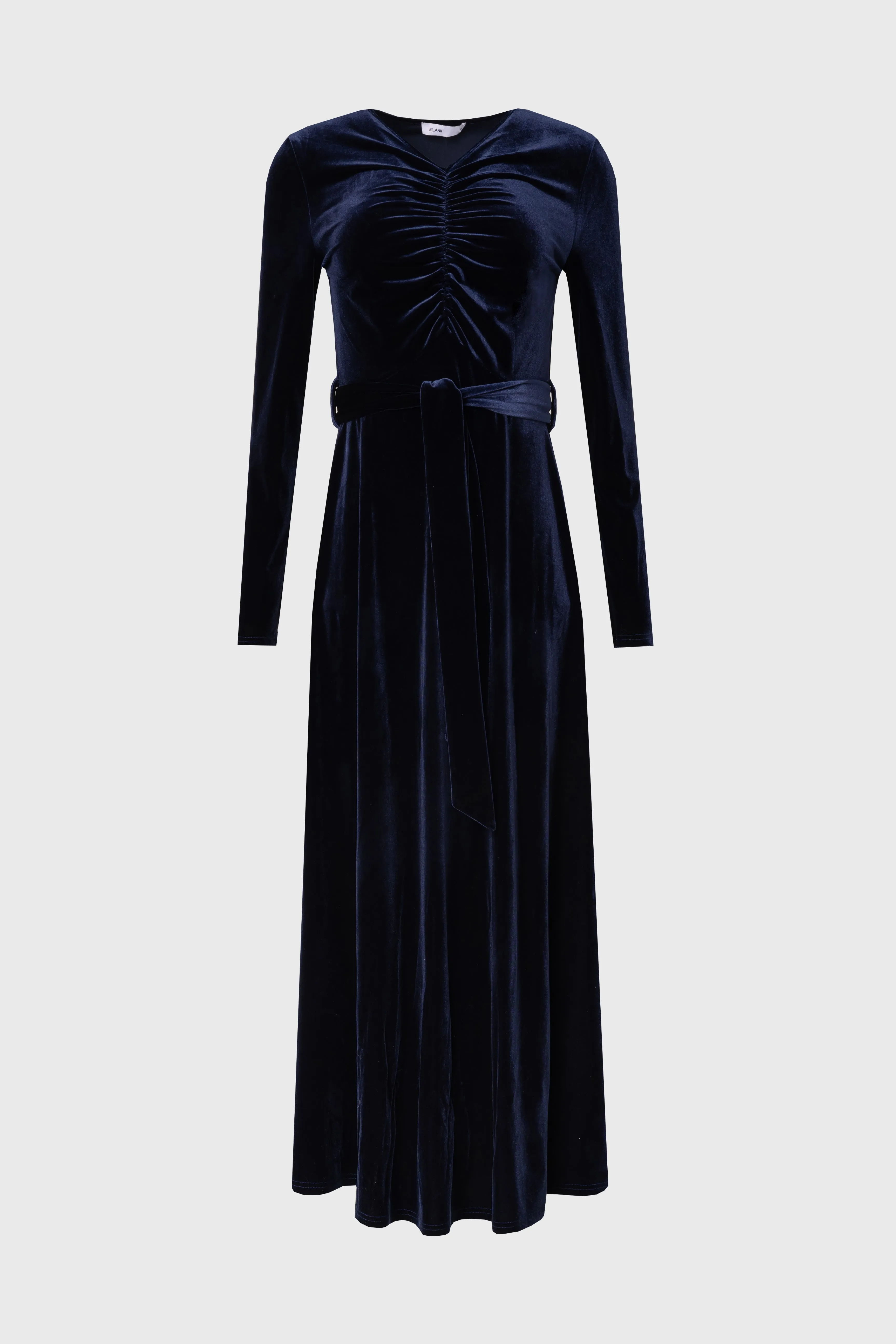 Navy Ruched Velour Maxi Dress Model Edge