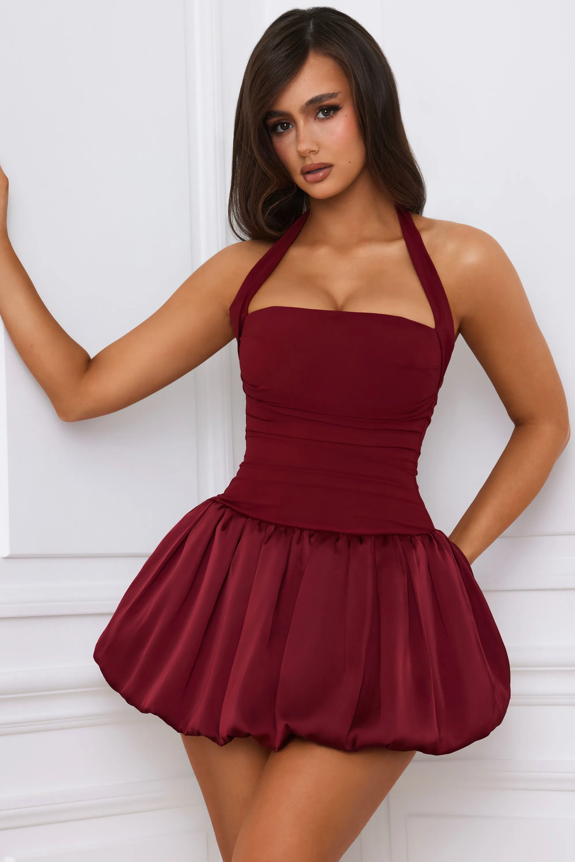 Halterneck Lace-Up Bubble Hem Corset Micro Mini Dress in Berry Red Modern and sleek mini