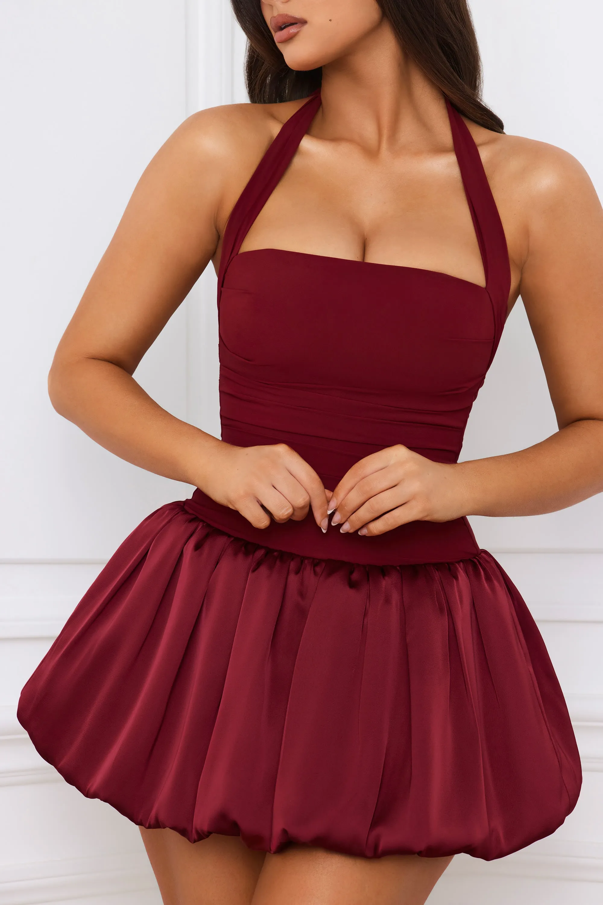 Halterneck Lace-Up Bubble Hem Corset Micro Mini Dress in Berry Red Vibrant color Glow Heat