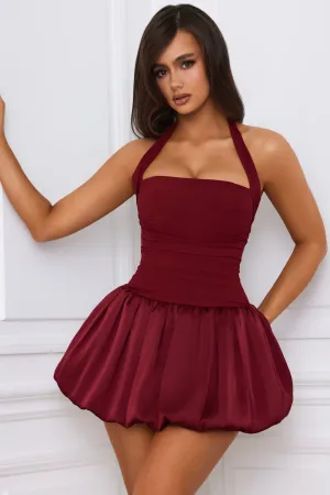 Halterneck Lace-Up Bubble Hem Corset Micro Mini Dress in Berry Red Modern and sleek mini