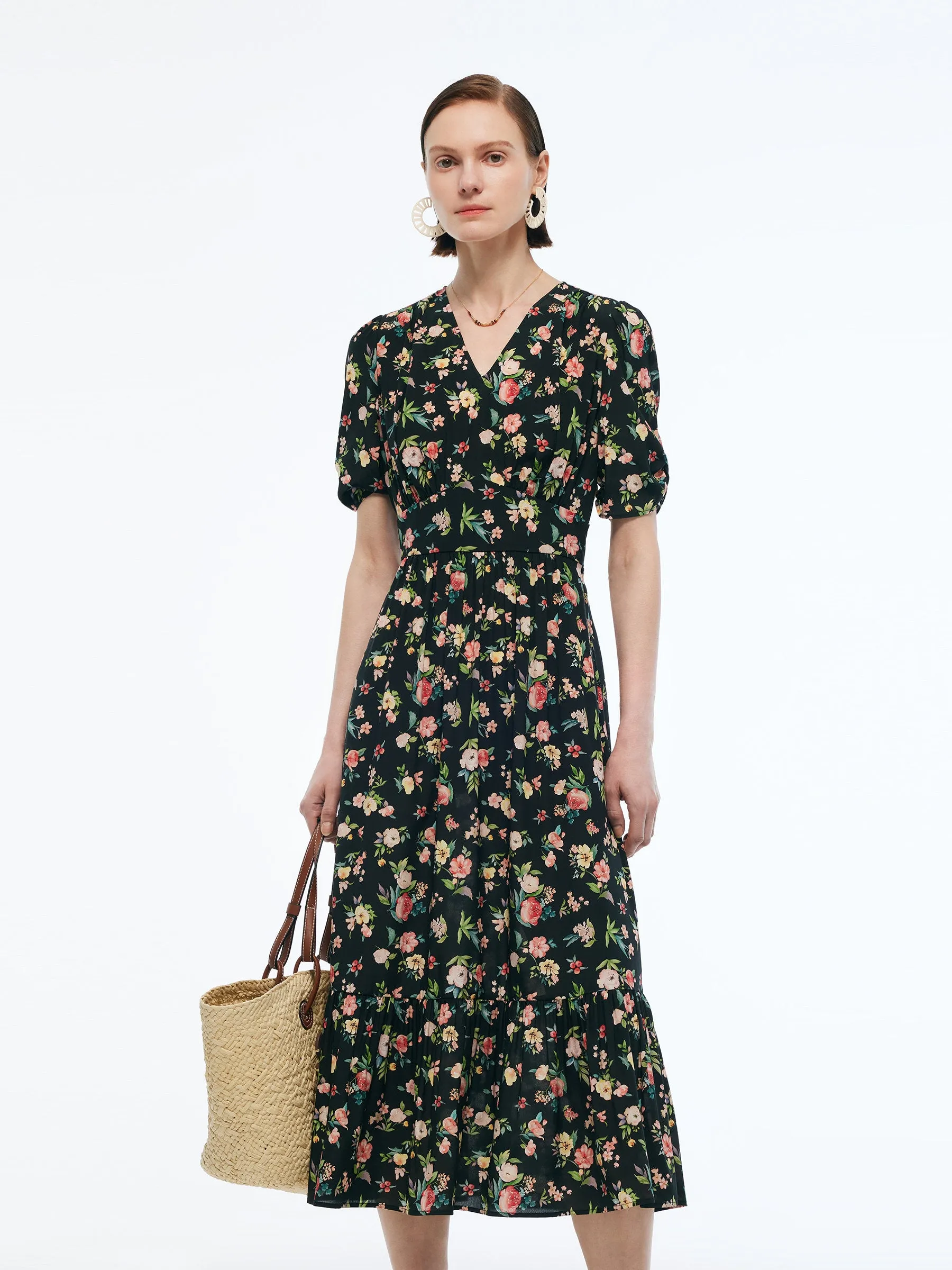 16MM Mulberry Silk Floral Print Women Puff Sleeve Maxi Dress Sustain Glow