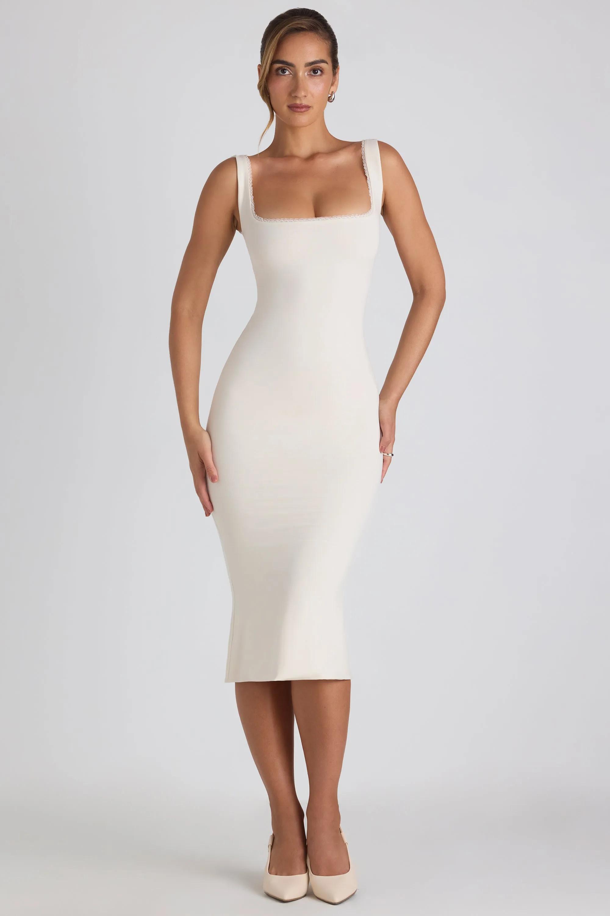 Modal Lace-Trim Midaxi Dress in Ivory Stylish Look Commute Ease